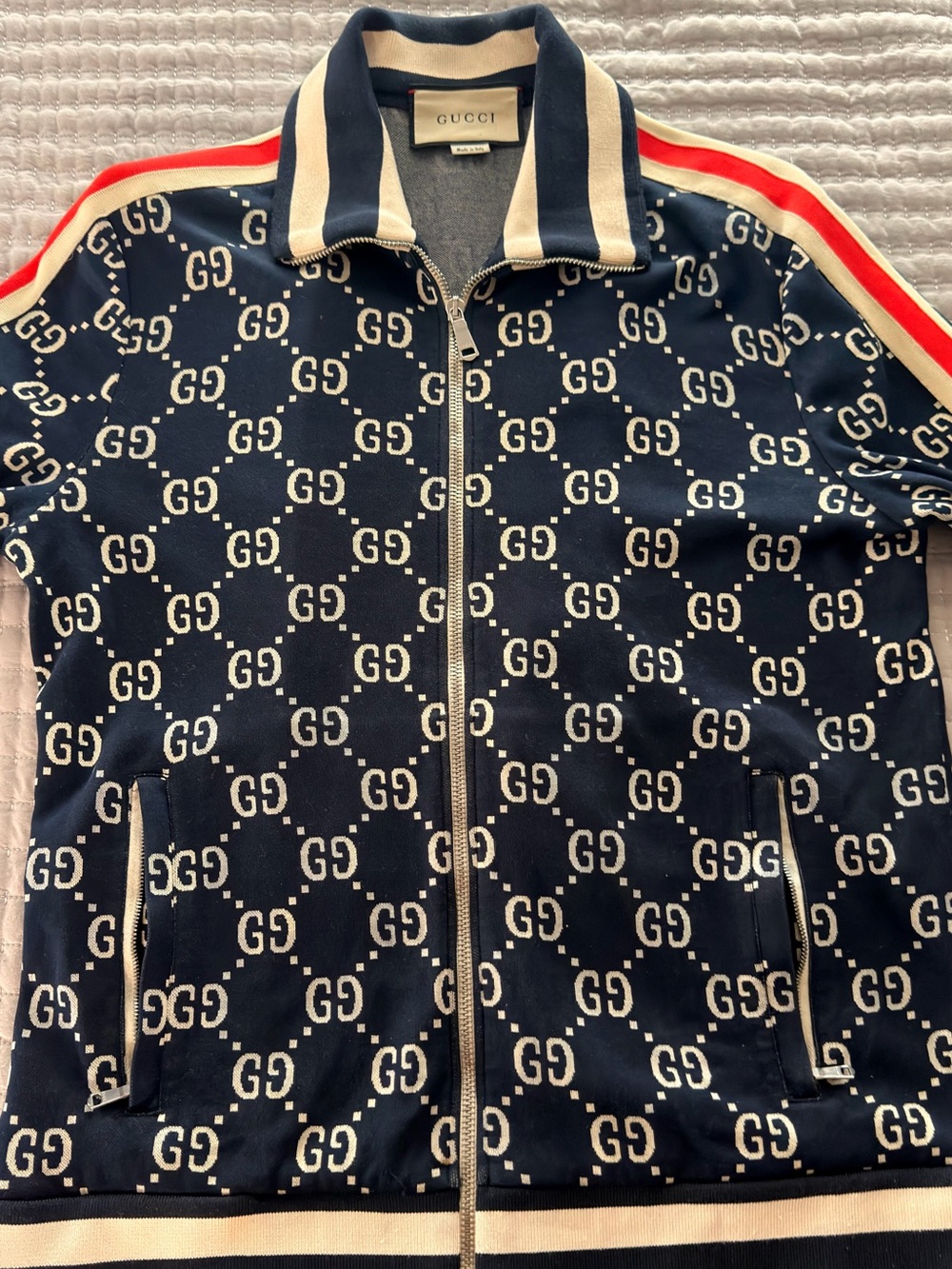 Gucci Navy and Cream GG Logo Track Jacket with Red Shoulder Stripe - Picture 1 of 9